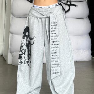 Street Style Graphic Letter Ribbon Curved Sweat Pants